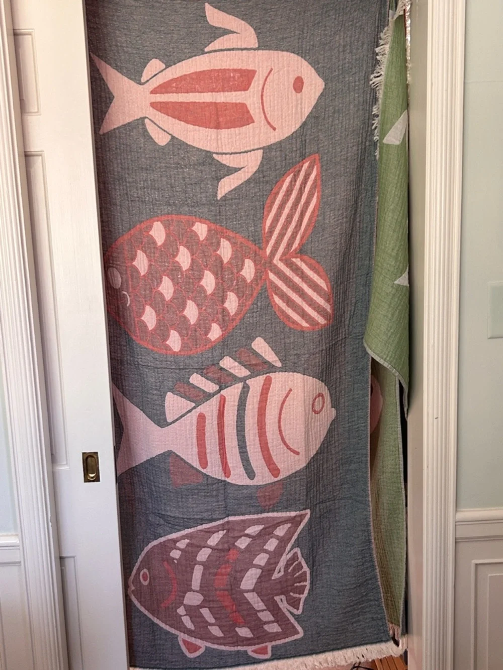 Modern Coastal Fish Woven Throw Towel Reversible Teal Coral FLiPSiDE NWT
